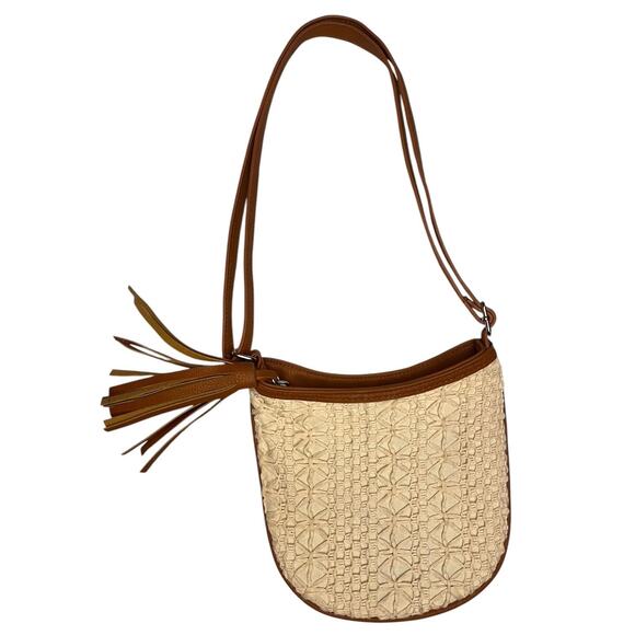Cream and brown shoulder bag or crossbody purse with adjustable strap and tassel - Picture 1 of 6